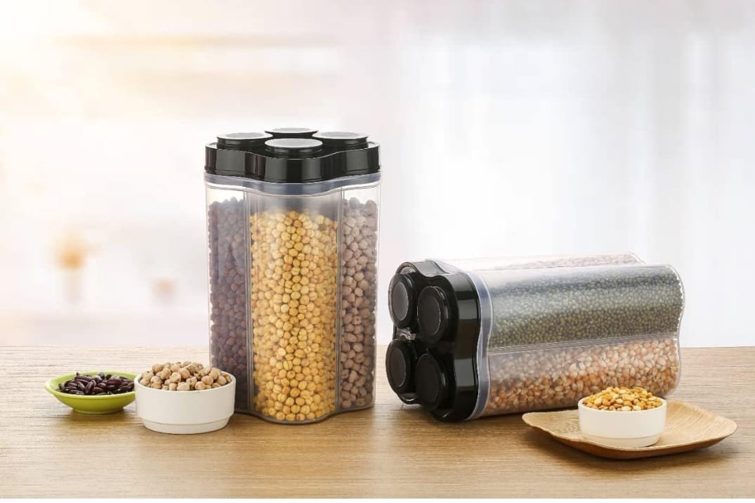 4-Compartment Rotating Grain & Dry Food Storage Container | Multi-Section Kitchen Organizer