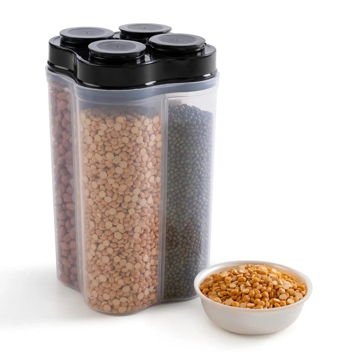 4-Compartment Rotating Grain & Dry Food Storage Container | Multi-Section Kitchen Organizer