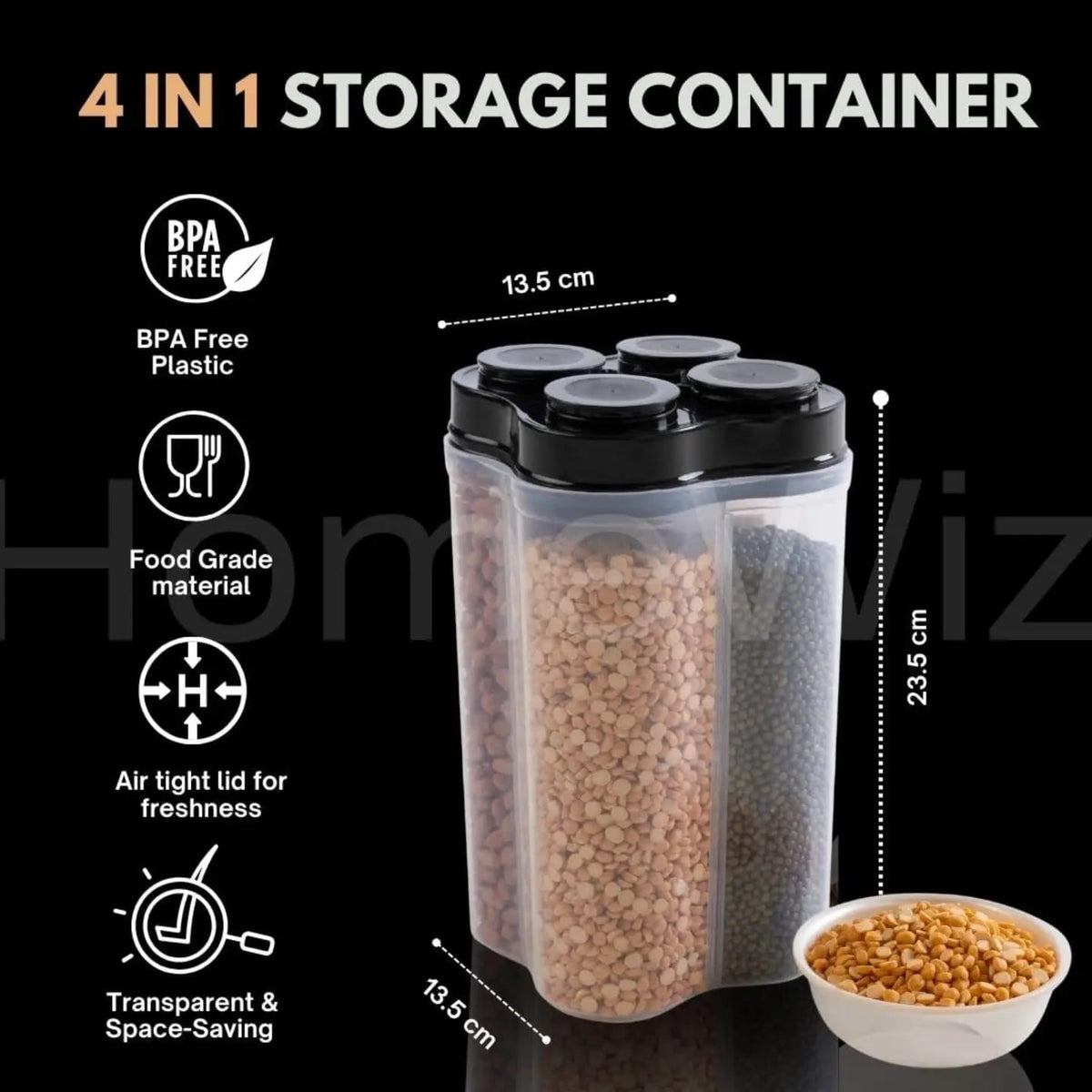 4-Compartment Rotating Grain & Dry Food Storage Container | Multi-Section Kitchen Organizer
